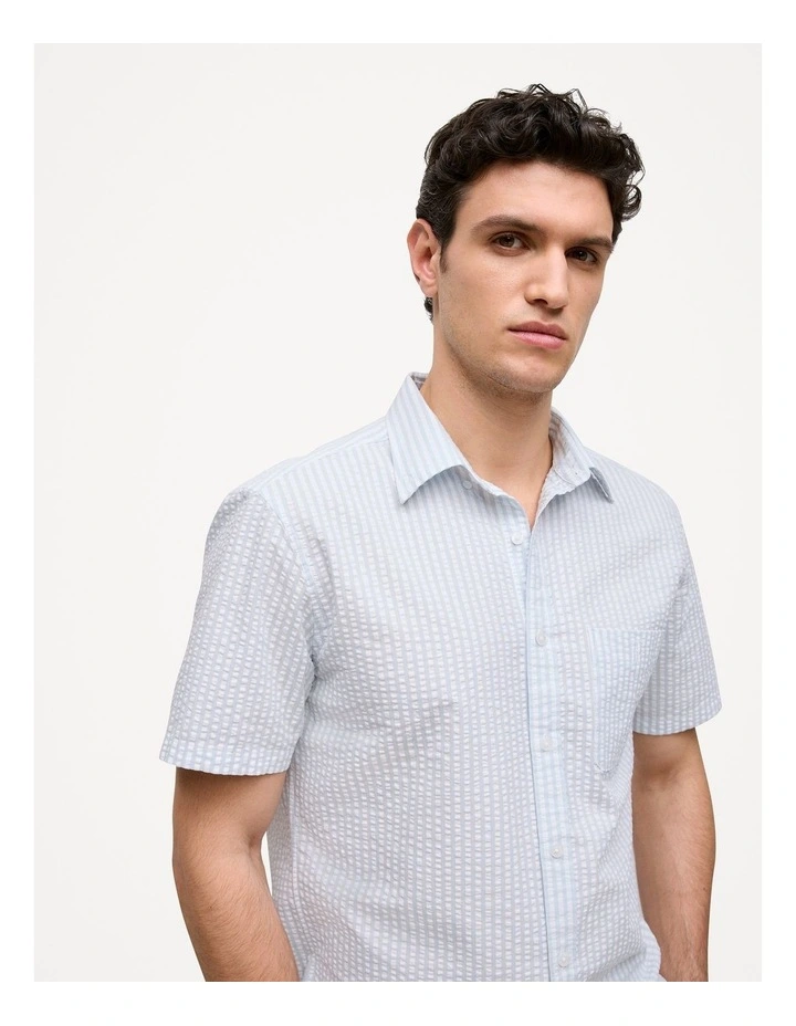 Regular Fit Seersucker Stripe Pocket Shirt in Ice Blue image 4