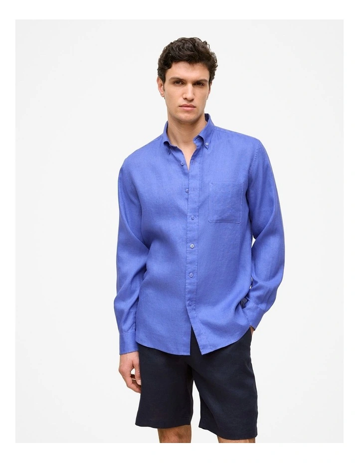 Regular Fit Linen Classic Long Sleeve Shirt in Vivid Blue image 1