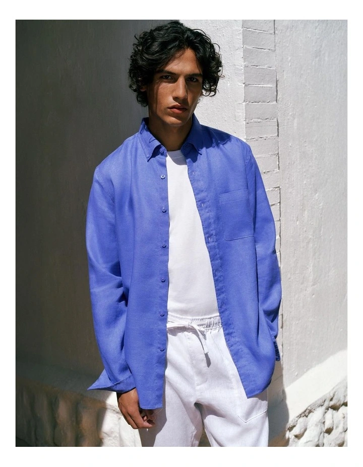 Regular Fit Linen Classic Long Sleeve Shirt in Vivid Blue image 2