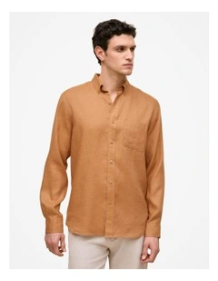 Regular Fit Linen Classic Long Sleeve Shirt in Butterscotch Brown
