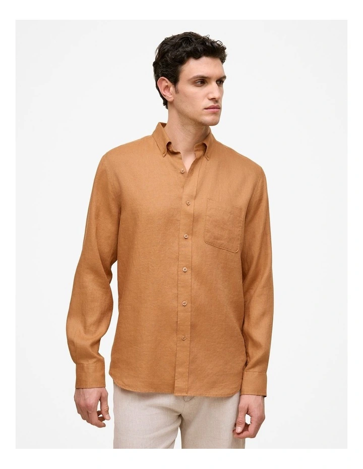 Regular Fit Linen Classic Long Sleeve Shirt in Butterscotch Brown image 1