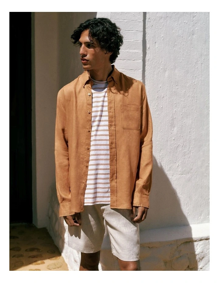 Regular Fit Linen Classic Long Sleeve Shirt in Butterscotch Brown image 2