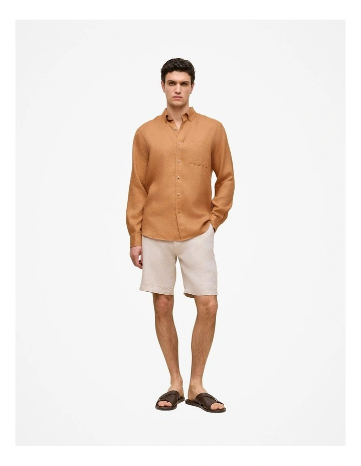 Regular Fit Linen Classic Long Sleeve Shirt in Butterscotch Brown image 3