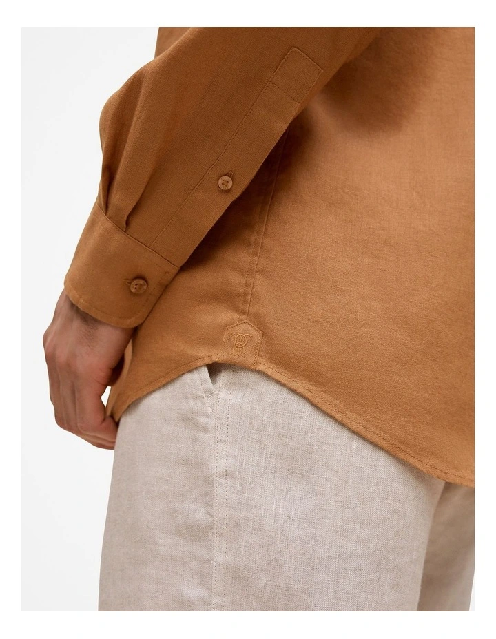 Regular Fit Linen Classic Long Sleeve Shirt in Butterscotch Brown image 4