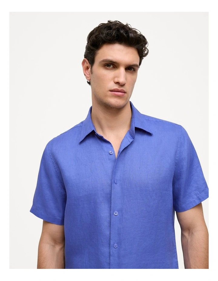 Regular Fit Linen Short Sleeve Shirt in Vivid Blue image 3