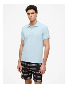 Pique Monogram Short Sleeve Polo in Pastel Blue