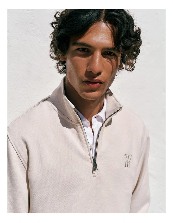 Terry 1/4 Zip Monogram Sweat in Stone image 2
