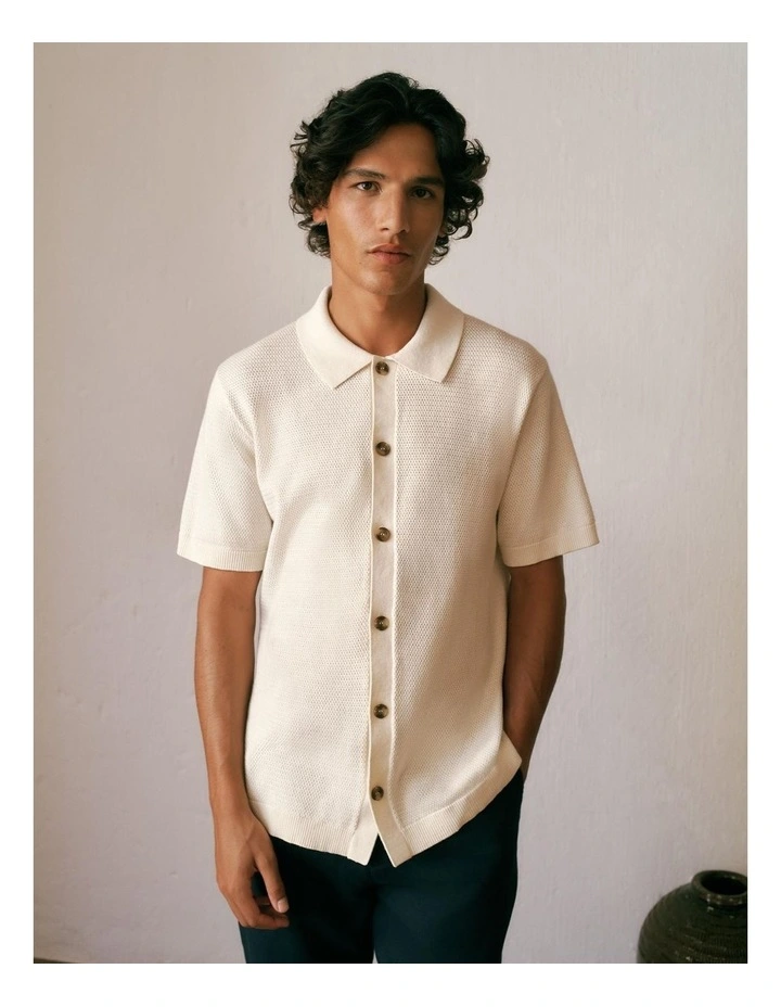 Cotton Basketweave Knit Shirt in Parchment image 2