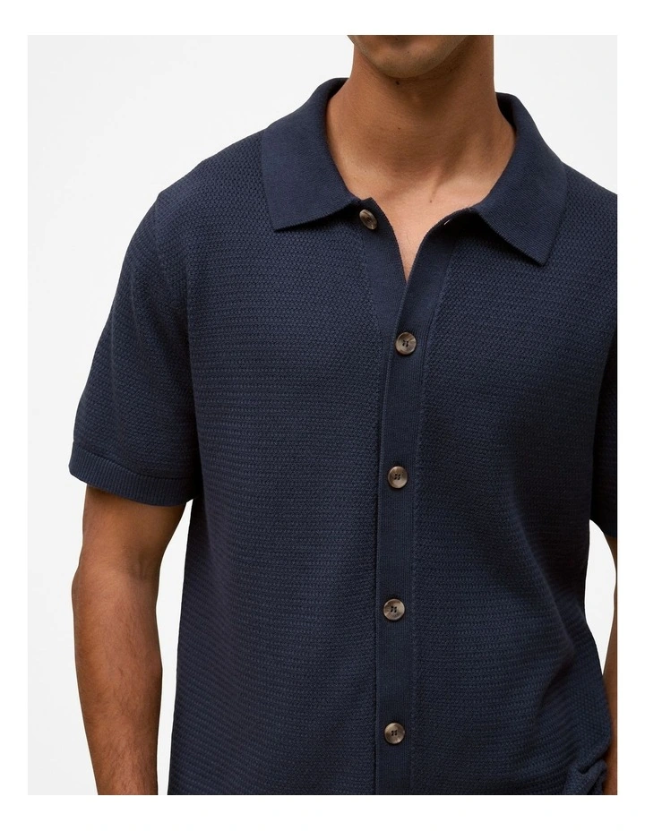 Cotton Basketweave Knit Shirt in Navy image 3