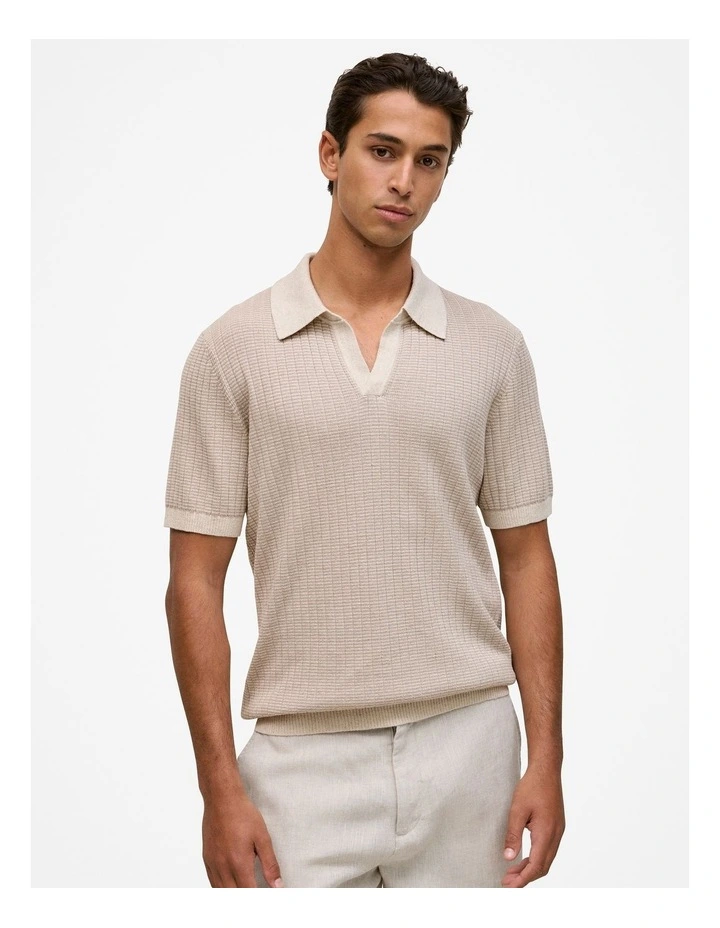 Linen Cotton Mouline Stripe Polo in Stone image 1