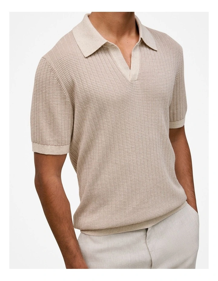 Linen Cotton Mouline Stripe Polo in Stone image 3