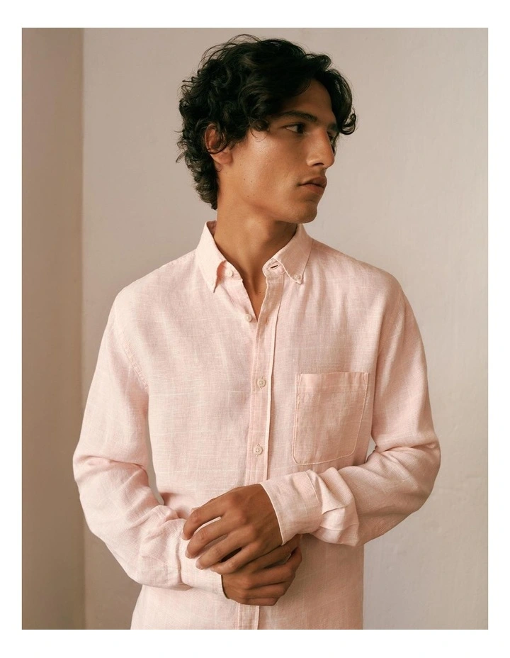 Regular Fit Linen Glen Check Shirt in Light Pink image 2