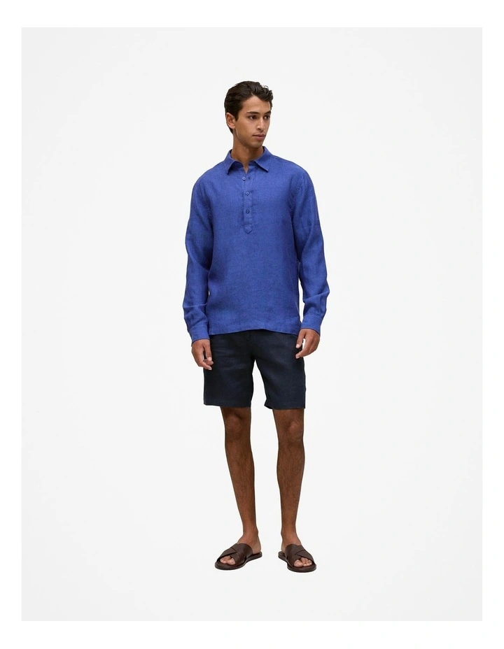 Linen End On End Half Placket Shirt in Vivid Blue image 2