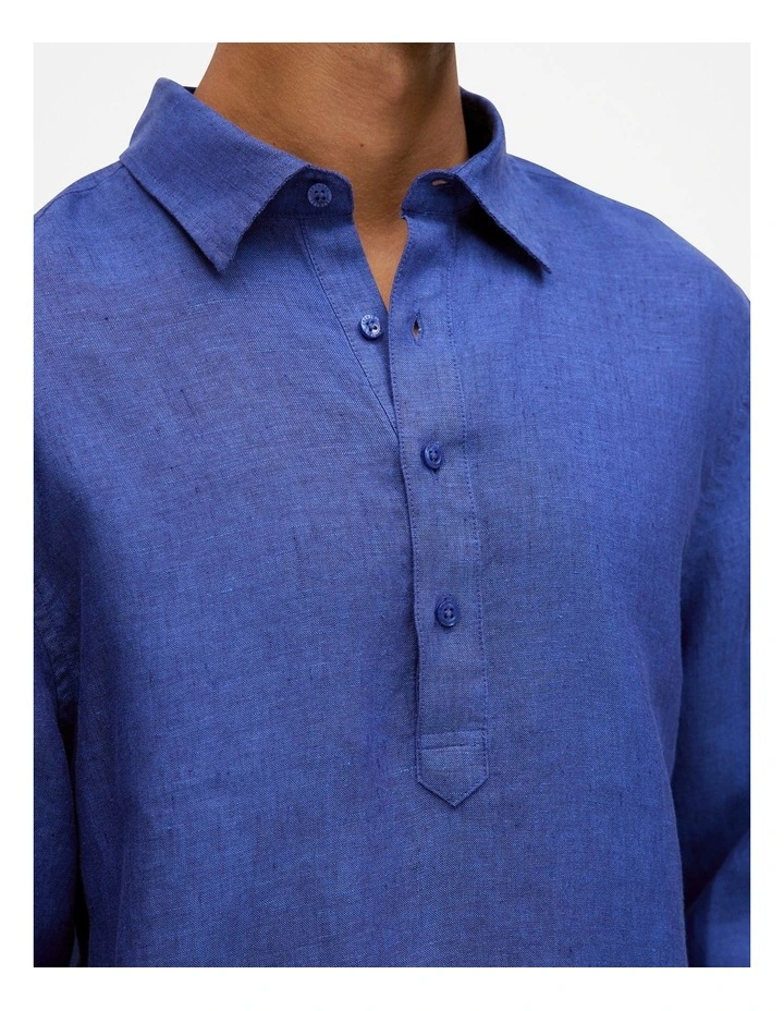 Linen End On End Half Placket Shirt in Vivid Blue image 3