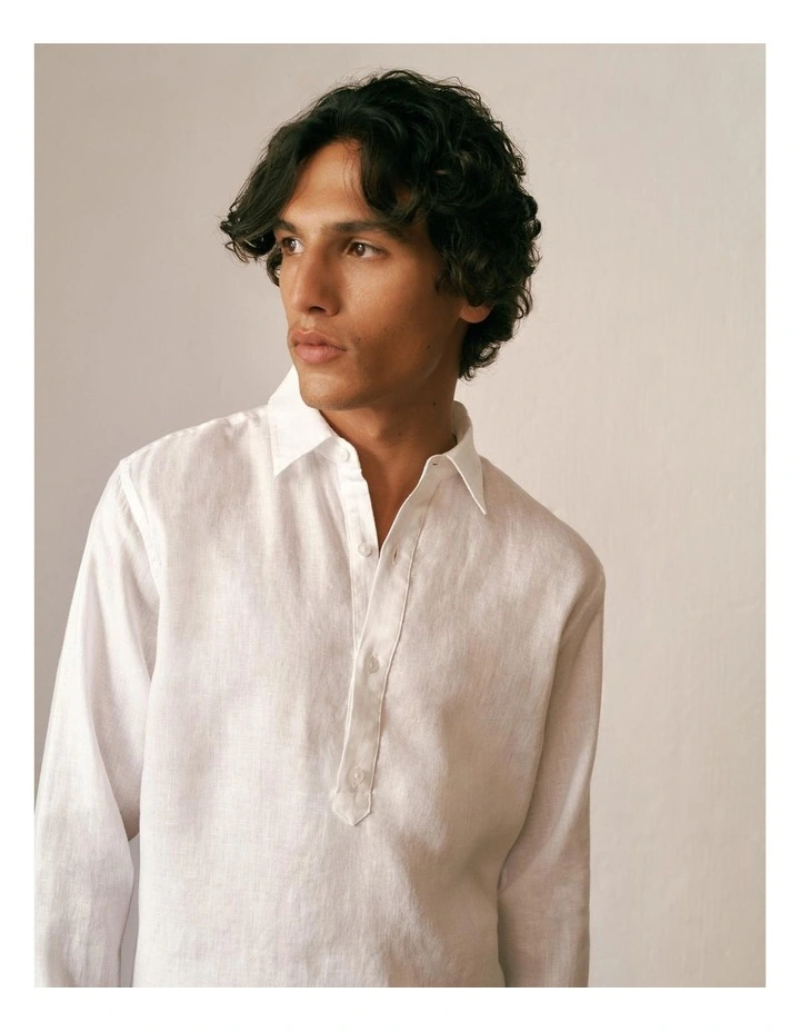 Linen Half Placket Shirt in White image 2