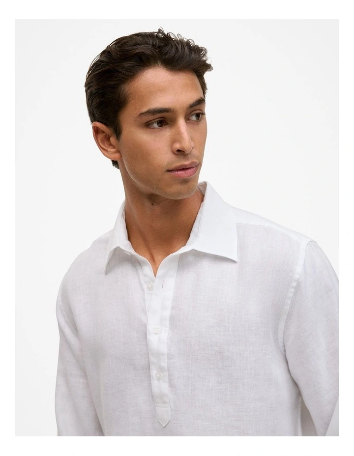 Linen Half Placket Shirt in White image 4