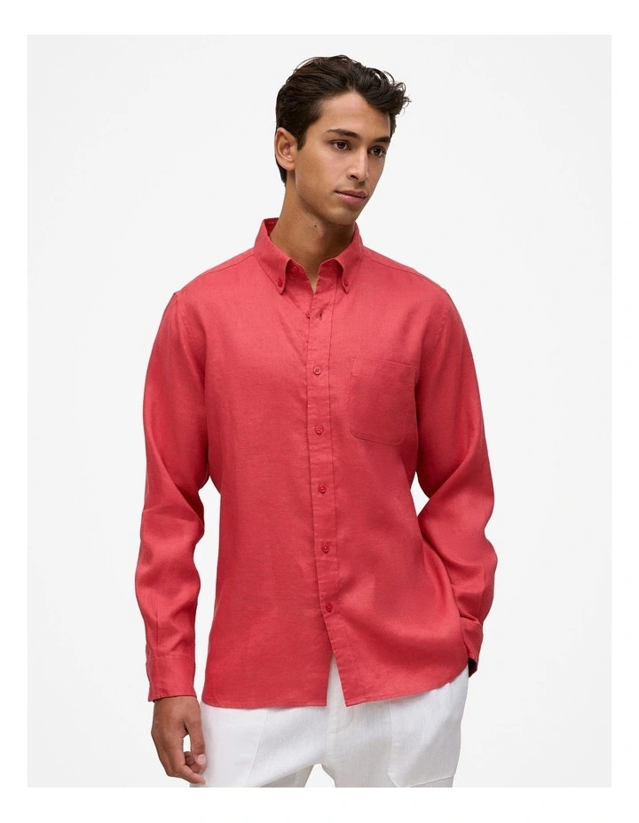 Regular Fit Linen Classic Long Sleeve Shirt in Crimson image 1