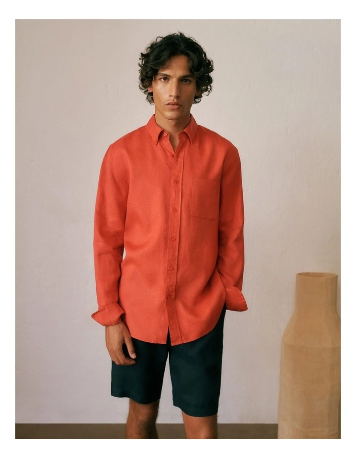 Regular Fit Linen Classic Long Sleeve Shirt in Crimson image 2