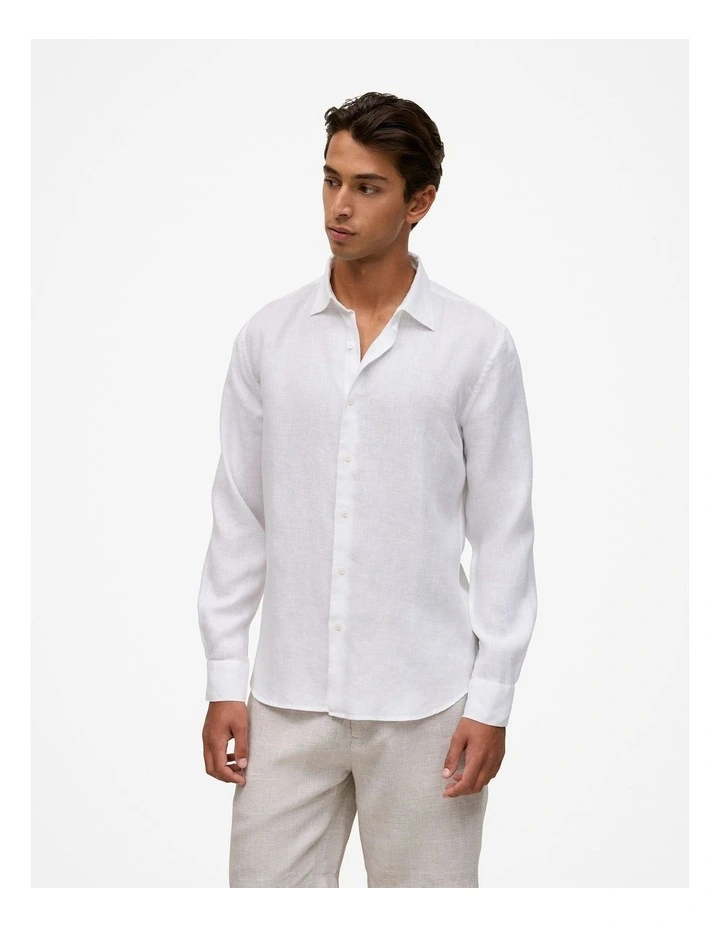 Tailored Fit Linen Long Sleeve Shirt in White image 1