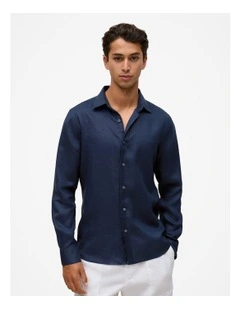 Tailored Fit Linen Long Sleeve Shirt in Navy