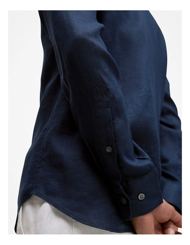 Tailored Fit Linen Long Sleeve Shirt in Navy image 3