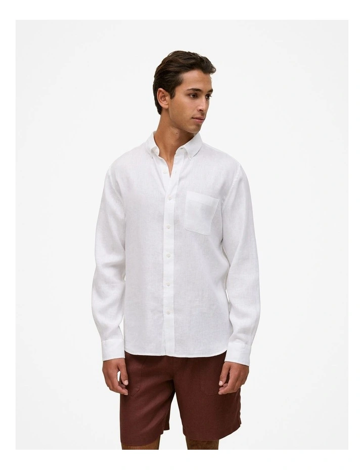 Regular Fit Linen Classic Long Sleeve Shirt in White image 1