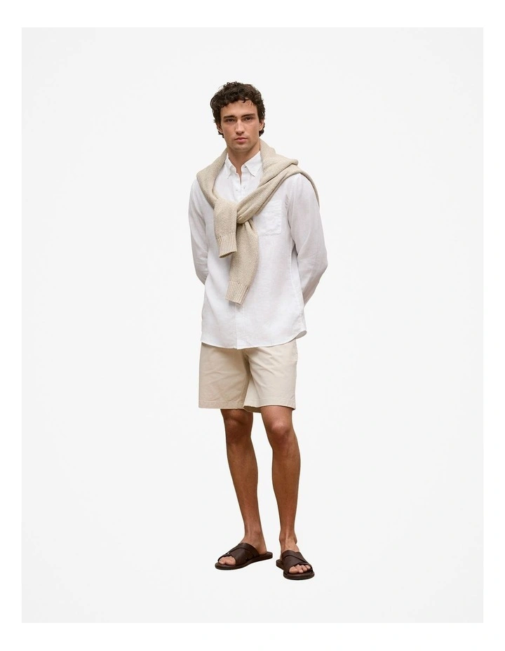 Regular Fit Linen Classic Long Sleeve Shirt in White image 3