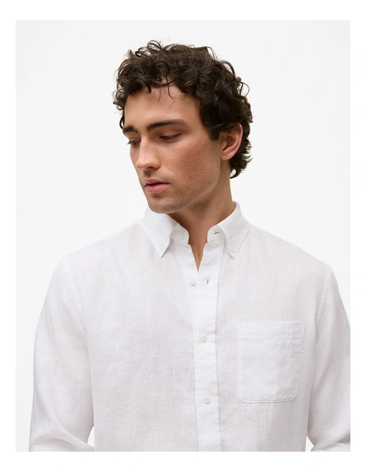 Regular Fit Linen Classic Long Sleeve Shirt in White image 4