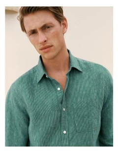 Regular Fit Linen Fine Stripe Shirt in Deep Green