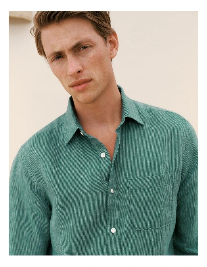 Regular Fit Linen Fine Stripe Shirt in Deep Green image 1