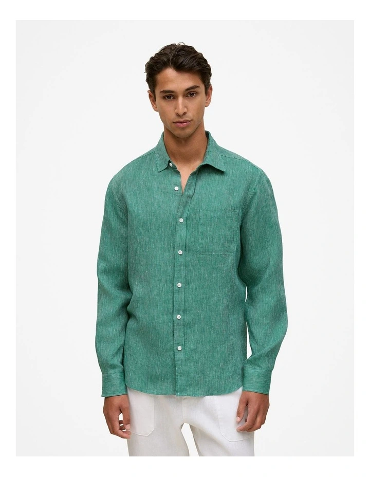 Regular Fit Linen Fine Stripe Shirt in Deep Green image 2