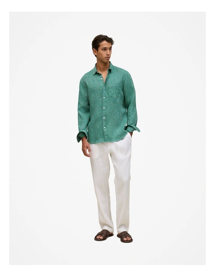 Regular Fit Linen Fine Stripe Shirt in Deep Green image 3