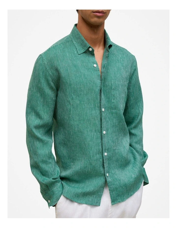 Regular Fit Linen Fine Stripe Shirt in Deep Green image 4