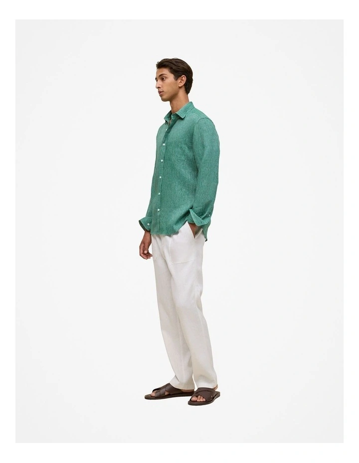 Regular Fit Linen Fine Stripe Shirt in Deep Green image 5
