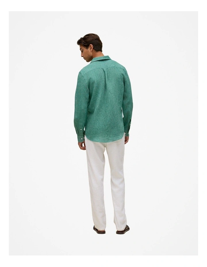 Regular Fit Linen Fine Stripe Shirt in Deep Green image 6