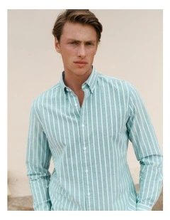 Regular Fit Yarn Dyed Stripe Oxford Shirt in Deep Green