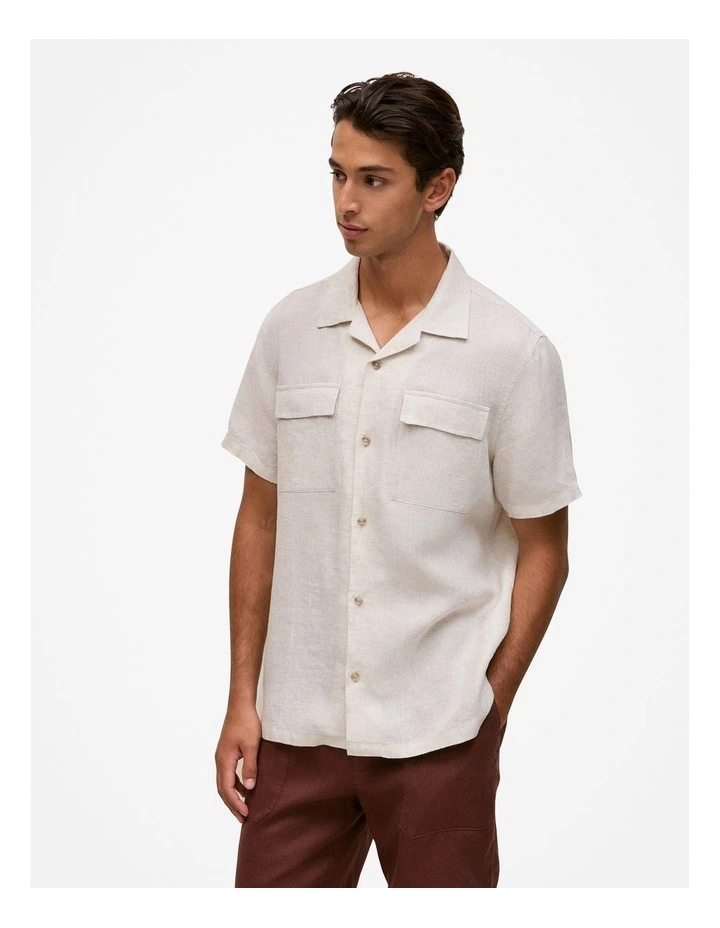 Linen Pocket Detail Short Sleeve Shirt in Flax image 2