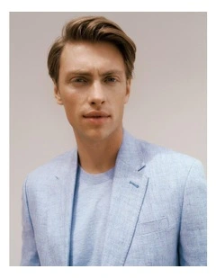 Regular Fit Yarn Dyed Linen Blazer in Dusty Blue