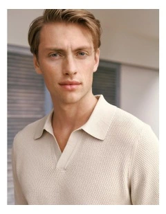 Texture Knit Short Sleeve Polo in Stone