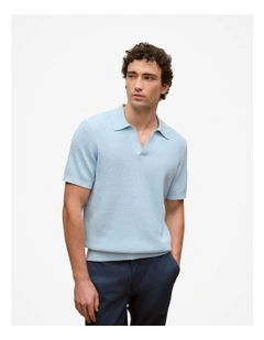Texture Knit Short Sleeve Polo in Soft Blue