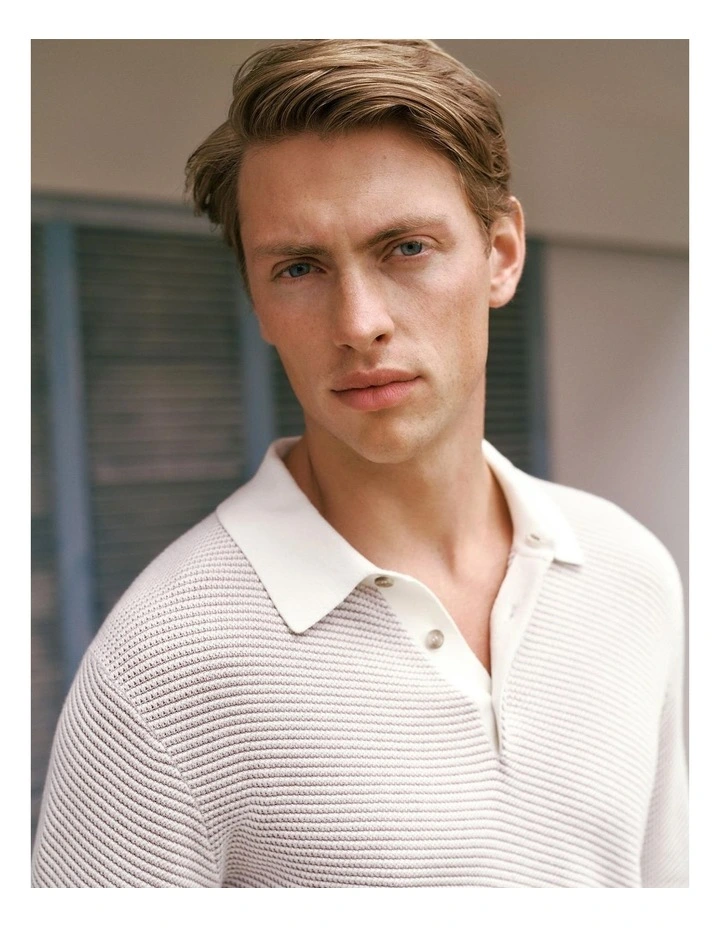 Linear Texture Knit Long Sleeve Polo in Ivory image 1