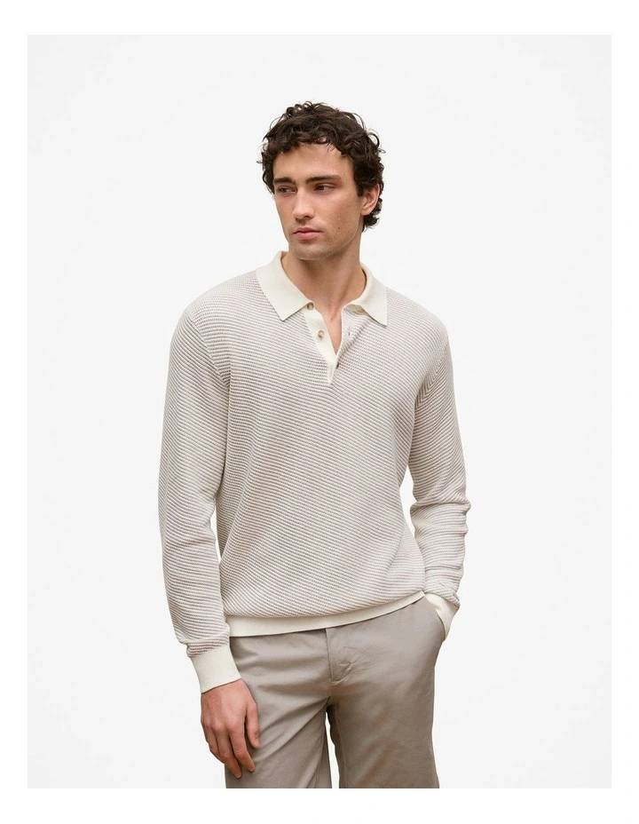 Linear Texture Knit Long Sleeve Polo in Ivory image 2
