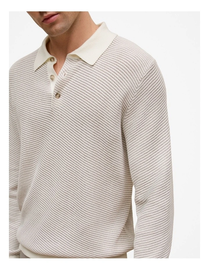Linear Texture Knit Long Sleeve Polo in Ivory image 4