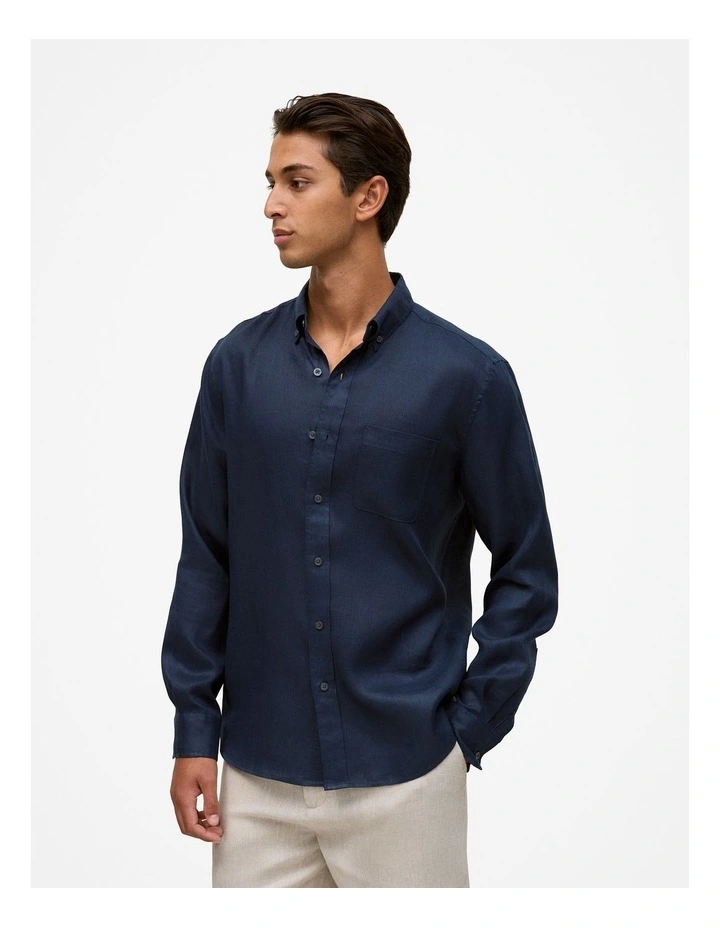 Regular Fit Linen Classic Long Sleeve Shirt in Navy image 1