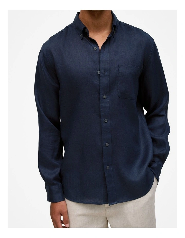Regular Fit Linen Classic Long Sleeve Shirt in Navy image 3