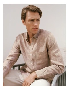 Regular Fit Yarn Dyed Linen Grid Shirt in Camel