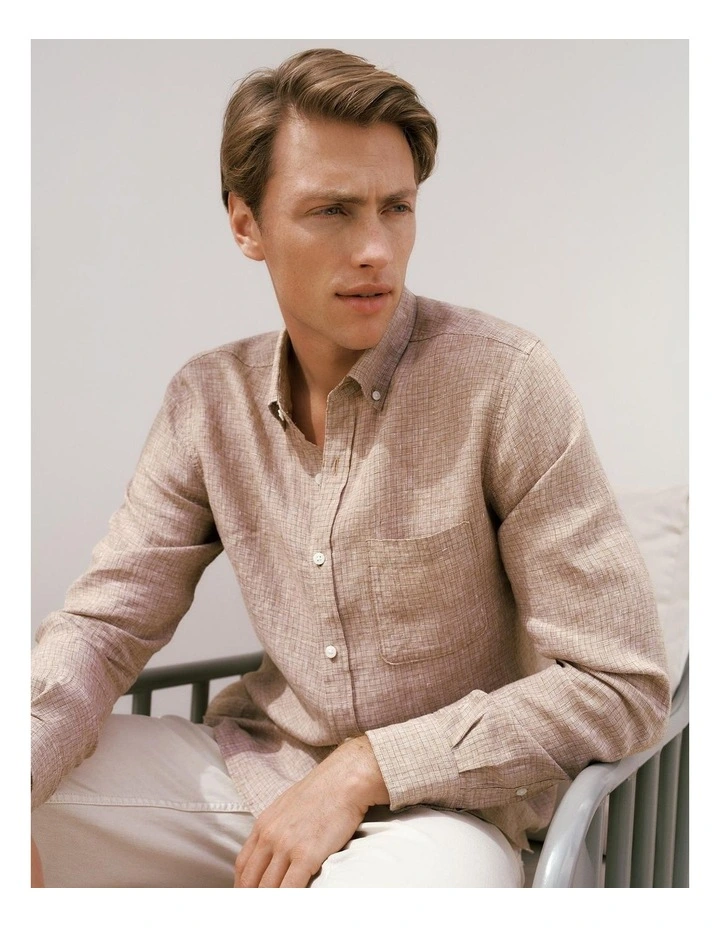 Regular Fit Yarn Dyed Linen Grid Shirt in Camel image 1