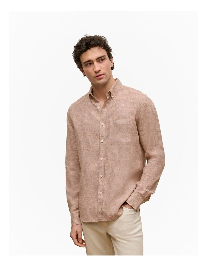 Regular Fit Yarn Dyed Linen Grid Shirt in Camel image 2
