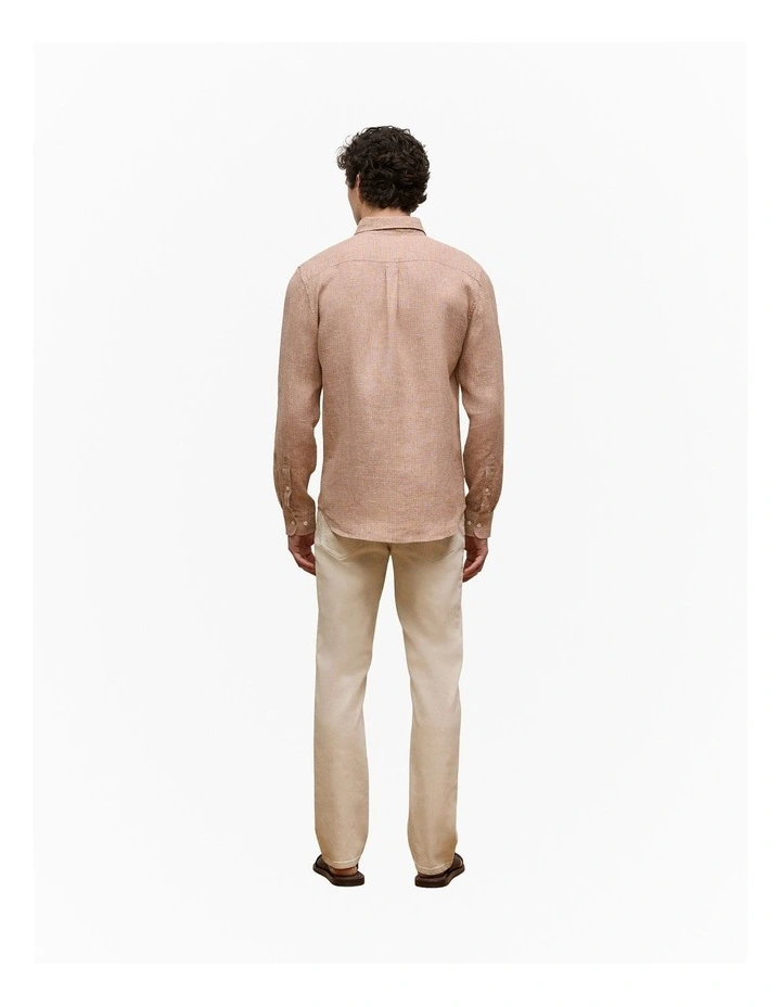 Regular Fit Yarn Dyed Linen Grid Shirt in Camel image 5