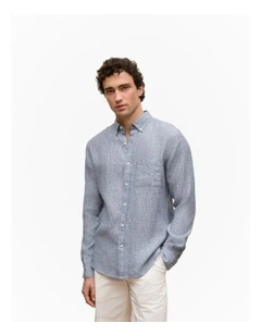 Regular Fit Yarn Dyed Linen Grid Shirt in Navy